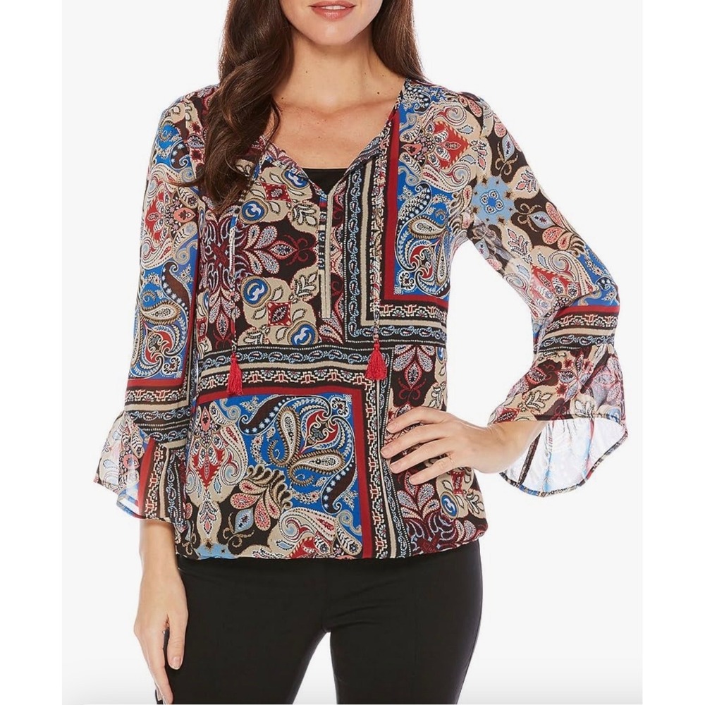 Rafaella Paisley Print Blouse Red Blue Tassel Tie Bell Sleeve Lined Large